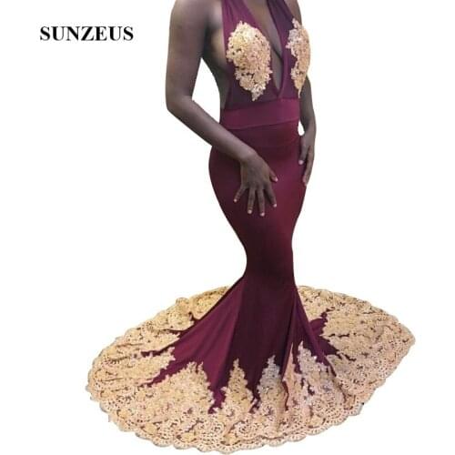 Burgundy Prom Dresses With Gold Appliques Lace Mermaid Halter Neck Sexy Open Back Party Gowns For African Women vestido de noche