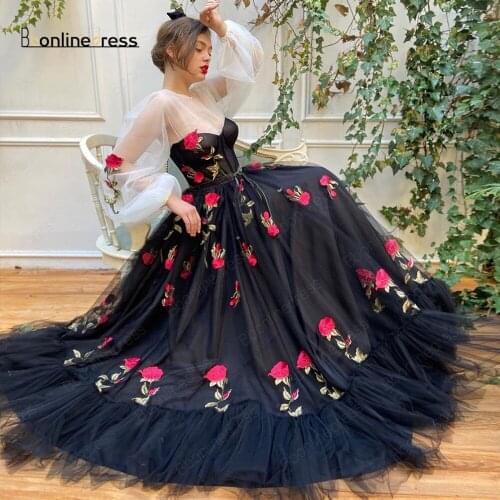 Bbonlinedress Black Prom Dress A-Line Long Sleeves Appliques Flower Charming Tulle Prom Dresses 2020 Party Gown vestido de festa