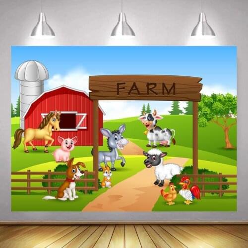Farm Theme Cartoon Animals Dogs Chicken Cow Photo Background Newborn Baby 1ST Birthday Home Decor Red Barn Yard Backdrops