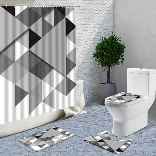 Geometry Shower Curtain Set Black And White Square Printing Bath Decor Curtains Toilet Mat Rug 4-Piece Set Bathroom Supplies