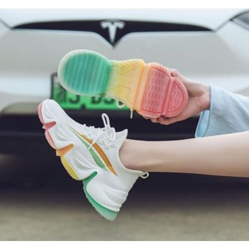 Siddons 2020 New Arrival Women Casual Flats Shoes Rainbow Color Lace Up Mesh Sport Running Sneakers