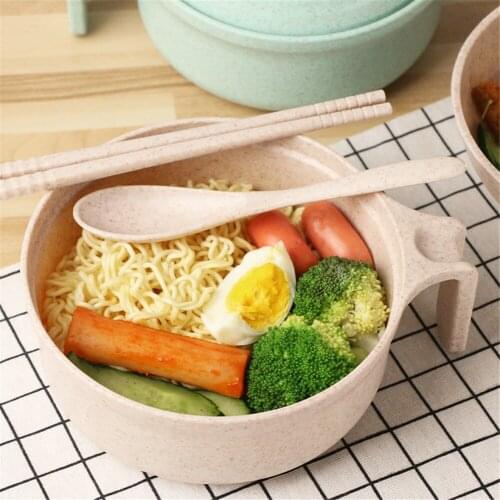 Wheat Straw Tableware Set Cutlery Cubiertos With Lid Bowl Instant Korean Ramen Noodles Salad Rice Fruit Bowl