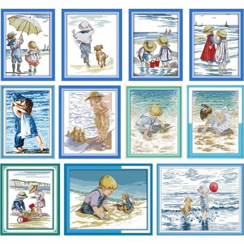 Cross stitch kits The Seaside Children Counted Stamped Home Decor Beach Boy And Girl Embroidery cross stitch set Cross-stitch