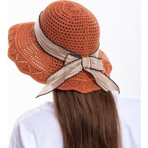 New Style Ladies Wide-brimmed Beach Hat Can Be Broken Summer Sun Straw Beach Hat with Bow