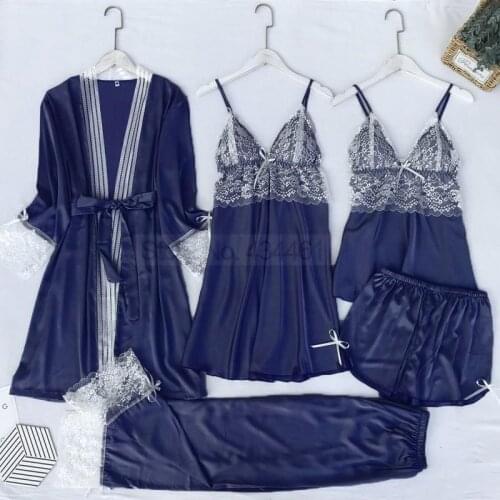 Pajamas Satin Sleepwear With Trousers 5 Pieces Sets Women Outfits Sexy Lace Trim Loungewear Summer Pyjamas Kimono Robe Gown