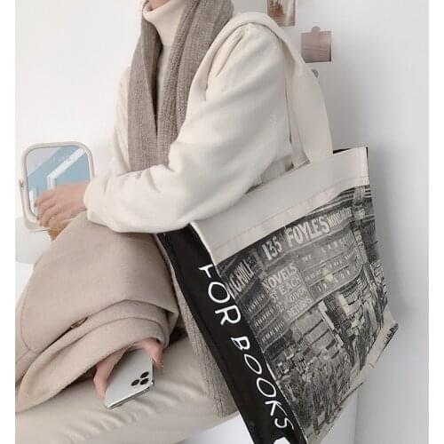 Retro British Style Black Cool Nostalgic Old Photos Stylish Womans Large Capacity Vintage Big Size Canvas Reusable Shoulder Bag