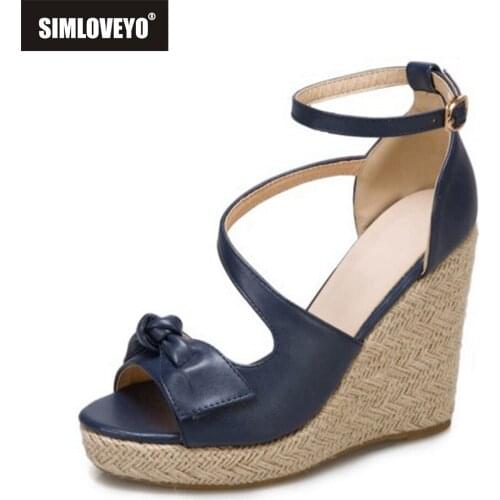 SIMLOVEYO New 2021 Women Sandals Open Toe 11cm Wedge Heels Buckle Bowtie Stylish Soft Big Size 34-50 Casual Date Blue A3908