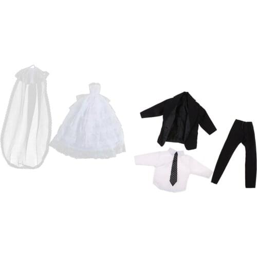 Stunning Garment Set White Tube Top Dress Wedding Gown w. Veil & Black Tux Business Suit For Doll Accs
