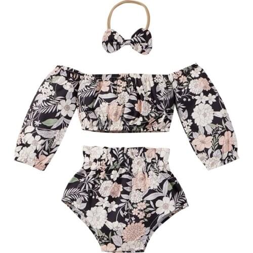 Wallarenear 3Pcs 0-2Y Summer Off-the-Shoulder Floral Print Long Sleeve Blouse Tops+Shorts Pants+Headwear Outfit Sets