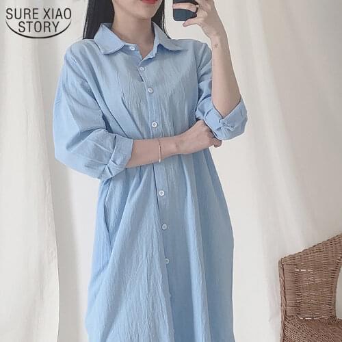 Women Blue White Long Shirt Plus Size Loose BF Style 2021 Summer Below The Knee Women Blouses Lazy Solid Korean Clothes 9654