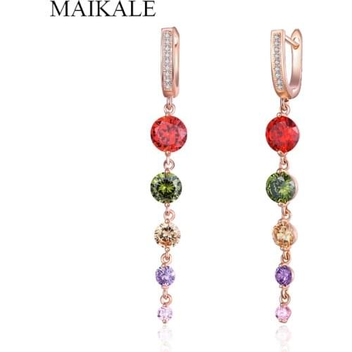 MAIKALE Romantic Multicolor Zirconia Tassel Long Earrings Rose Gold CZ Beads Dangle Drop Earrings for Women Jewelry Gifts
