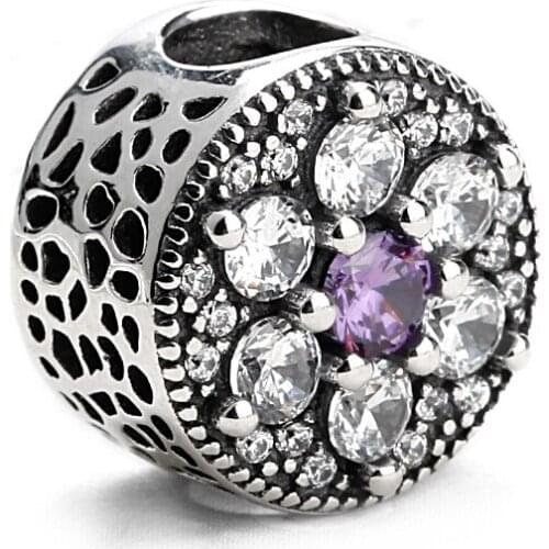 925 Sterling Silver Forget me not with Purple and Clear CZ Charm Beads Fit Original Silver Charms Bracelet Women Fashion Jewelry