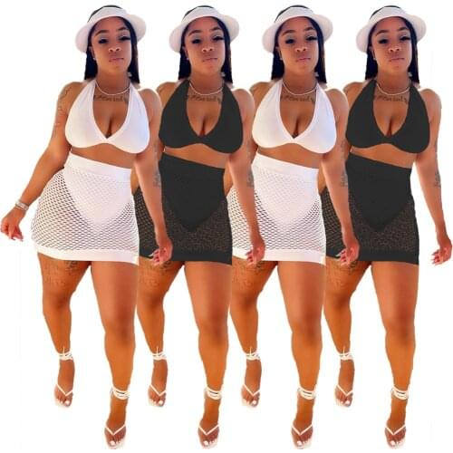 Sexy Bra Fishnet 2 Pieces Skirts Sets Women Halter Bandge Backless Crop Top and Mini Skirts Summer Beach Wear Party Clubwear
