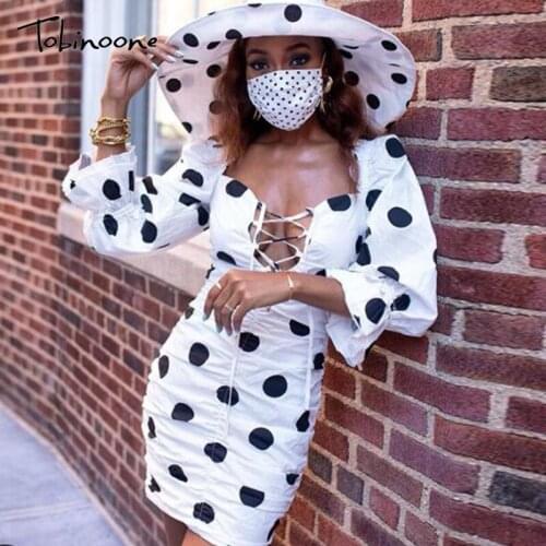 Tobinoone Polka Dot Mini Dress Women Deep V Neck Lantern Long Sleeve Autumn Dress High Waist Lace up Party Dress Vestido 2020