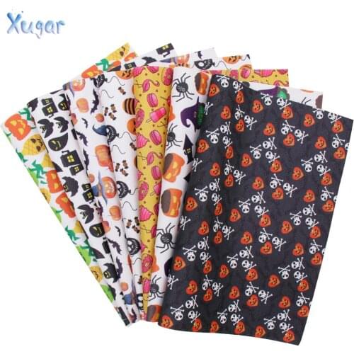 Xugar accessories 22*30cm Halloween Pumpkin Print faux artificial Synthetic leather fabric hair bow diy decoration crafts 1piece