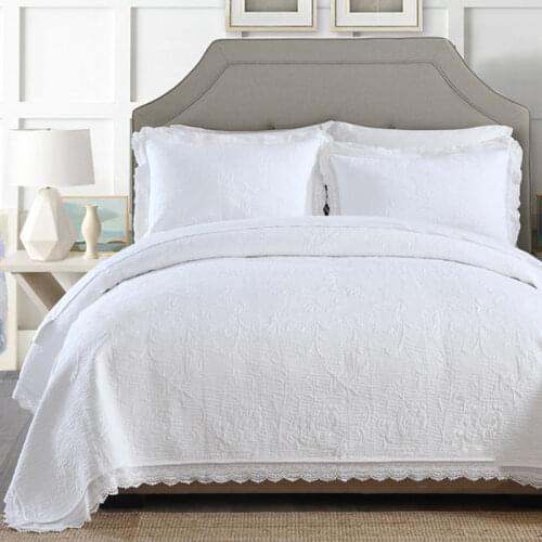 CHAUSUB Embroidery Quilt Sets 3pcs Cotton Quilts Lace Decor Bedspreads Bed Cover Pillowcase King Size Coverlet