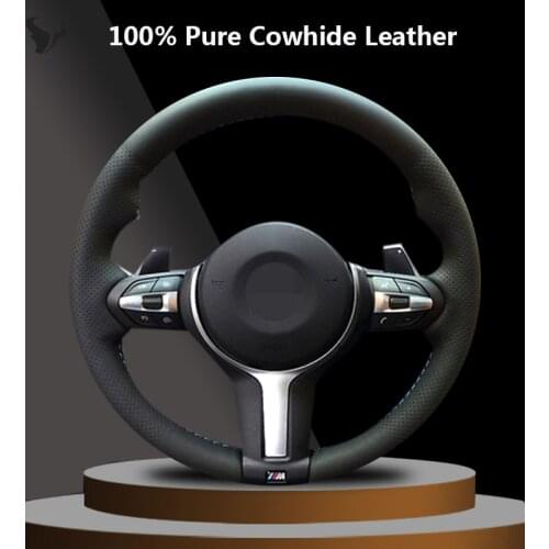 Black Genuine Leather Car Steering Wheel Cover for BMW M3 M4 2014-2016 F33 428i 2015 F30 320d 328i 330i 2016
