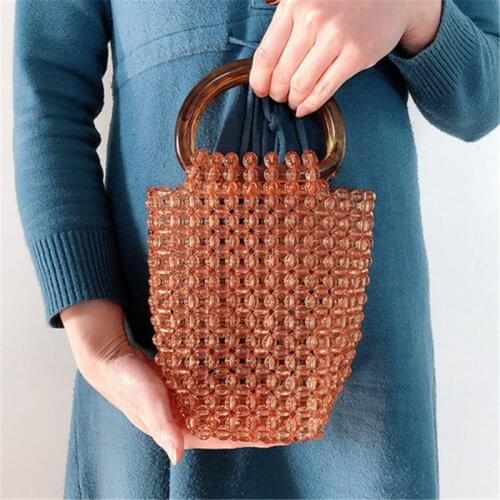 Retro Handmade Beaded Women Handbags Brown Hollow Out Small Day Clutch Purse Ladies Mini Bucket Bags Bolso Mujer 2021 New