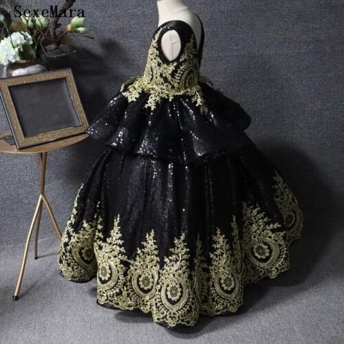 Luxury Flower Girl Dress Black Sequins Gold Applique Lace Long Girls Pageant Gown Children Party Prom Dress for Girls