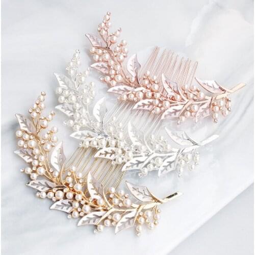 SLBRIDAL 3 Colors Alloy Crystal Rhinestone Pearls FLower Leaf Wedding Hair Comb Bridal Headpiece Hair accessories Women Jewelry