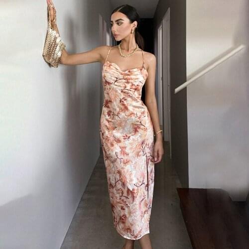 Print Slip Dress Sexy Backless Cowl Neck Side Split Midi Dress Woman Summer Robe Ladies Fashion Elegant Party Vestidos