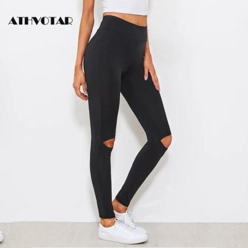 ATHVOTAR Black Hollow Leggings Women Casual Knee Hole Legins Elasticity Sexy Leggings Fashion Streetwear Pants
