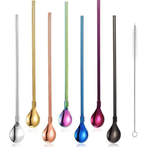 Spoon Straws Stainless Steel Drinking Spoon Straws Reusable Metal Cocktail Spoons Straws with Long Cleaning Brush