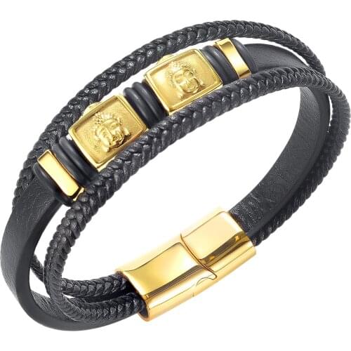 Cyue European Fashion Black Leather Multi-layer Braided Bracelet Stainless Steel Magnetic Button Wristbands For Men Jewelry