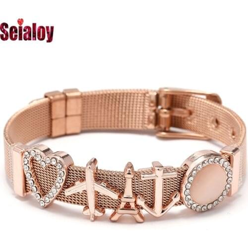 Seialoy Rose Gold Stainless Steel Mesh Bracelets For Women Round Heart Beaded Aircraft Anchor Charm Girls Watch Belt Bracelet