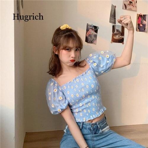 Floral Puff Sleeve Top Square Neck Mesh Top Crop Tops Ruffle Blouse Women 2021 Korean Kawaii Clothes Summer Blouses Vintage Blu