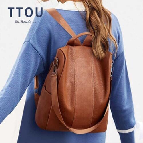 TTOU Retro Women Leather Backpack College Preppy School Bag for Student Laptop Girls Ladies Daily Back Pack Shoulder Bags