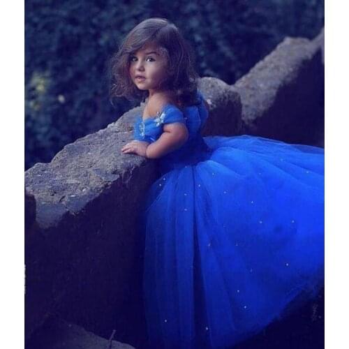 Royal Blue Girls Pageant Dresses For Weddings Ball Gown Off The Shoulder Tulle Beaded Long Flower Girl Dresses For Little Girls
