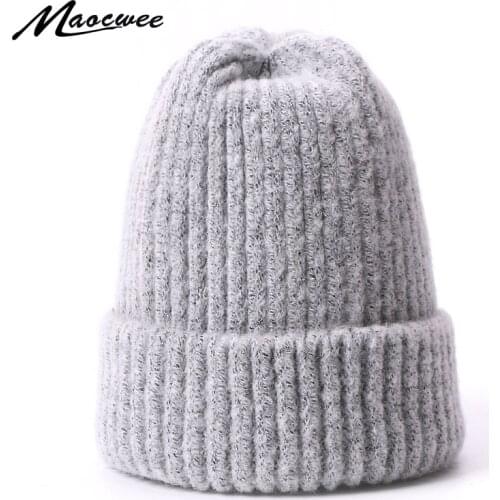 Women Beanie Hat Autumn Winter Warm Knit Wool Hats Solid Color Skullies Beanies Ladies Warm Soft Rabbit Hair Cap Outdoor Bonnets