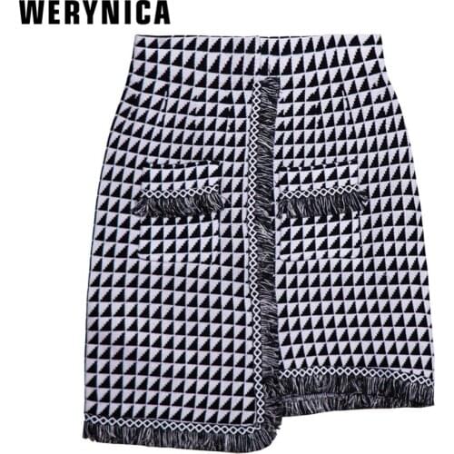 Werynica Colorfaith 2018 Women Woolen Mini Skirt Autumn Winter Vintage Pencil Plaid Tassel Skater Skirt High Waist Femininas