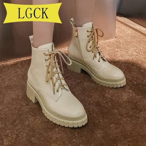 Big Size 34-40 Ankle Boots Women High Platform Ankle Shoes Chunky Genuine Leather Motorcycle Ladies Fashion Women Martins Boots