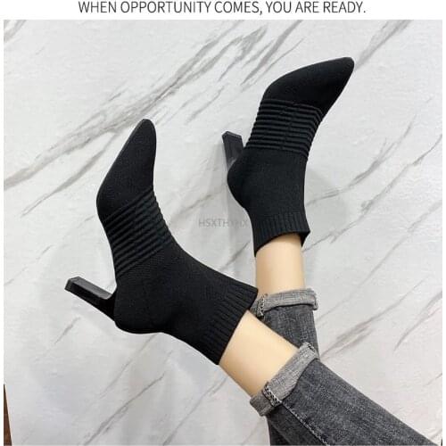 Women Boots Autumn Sexy Pointed Toe Ladies Mid-calf Boots Comfort Stretch Fabric High Heels 2021 Knitted Sock Boots Female Shoes