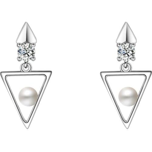 Hot Sale Wholesale New Triangle Design Shiny Zircon Pearl 925 Sterling Silver Stud Earrings for Women Girls Jewelry Gift