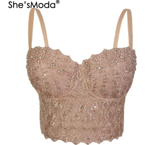 ShesModa Nude Mesh Lace Bead Bustier Pearls Diamond Push Up Night Club Bralette Womens Bra Cropped Top Vest Corset Plus Size