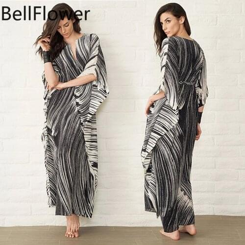 Striped Kimono Beach Dress Robe Style 2021 Cover Up White Black Curved Lines Loose Bat Sleeve Long Summer Maxi Dresses Wholesale