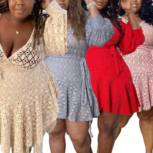 Sexy Mesh See Through Women Plus Size Dress Hollow Out V-neck Bandage Sashes A-line Dresses Vestidos Outfit Summer XL~5XL