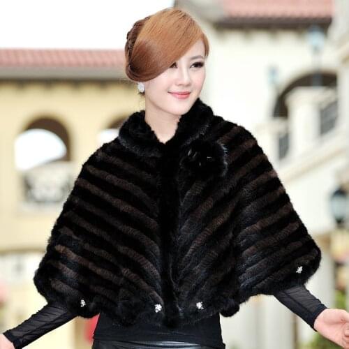 Winter Womens Real Natural Genuine Knitted Mink Fur Shawls Female Poncho Lady Wraps Cape Batwing Sleeve VF0348