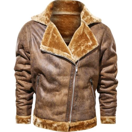 Winter Men Lapel Leather Jacket Warm Plush Thick Casual Fur Coat Windproof Motorcycle Leather Coat