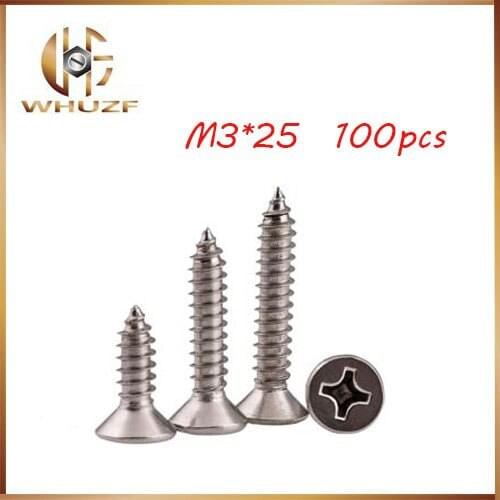 100pcs GB846 M3*25 304 Stainless Steel flat head cross Countersunk head self tapping screw M3 bolts,nails