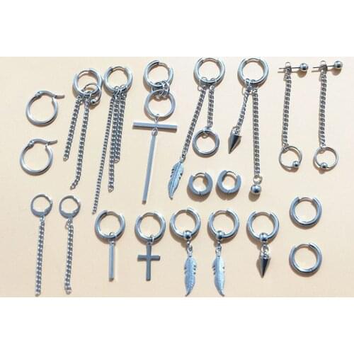 20Pcs Korean Huggie Hoop Earring Stainless Steel Dangle Hinged Feather Drop Earrings Long Chain Pendant Earrings Jewelry C1FE