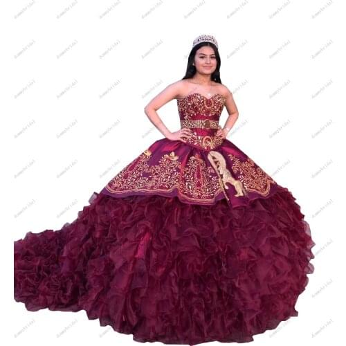 2021 Fashion Gold Embroidery XV Burgundy Ball Gown Satin Ruffles Charro Cheap Quinceanera Mexican Puffy Dresses Sweet 15 16