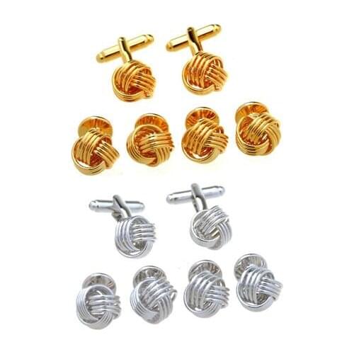5sets/lot Gold/Silver Knot Twist Flower Cufflinks Collar Studs 6pcs/Set Hollow Twist Circles Tuxedo Cuff Links Stud Set