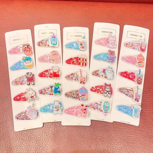 5Pcs/Set New Girls Cute Cartoon Acrylic Quicksand Hairpins Kids Sweet Hair Decorate Clips Side Barrette Fashion Hair Accessories