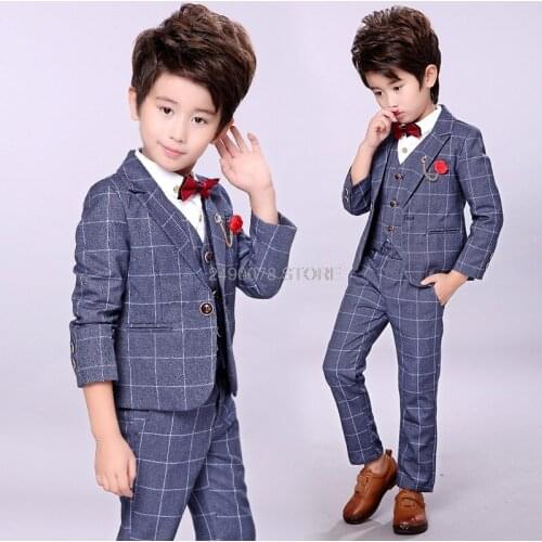 Blazer +Vest + Pants +Tie 4pcs Kids Boys Formal Wedding Suit Gentleman Tuxedo Dress Children Party Costume Clothing 2-12T