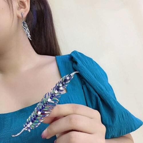 Blue mixed color 925 sterling silver with cubic zircon feather brooch unisex fine women men jewelry free shipping high quality