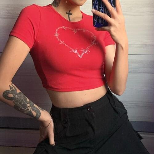 CDJLFH Tee Aesthetic Graphic T-shirts Women Summer Harajuku Rhinestone Heart Printed Tshirt Short Sleeve O Neck Crop Top T Shirt